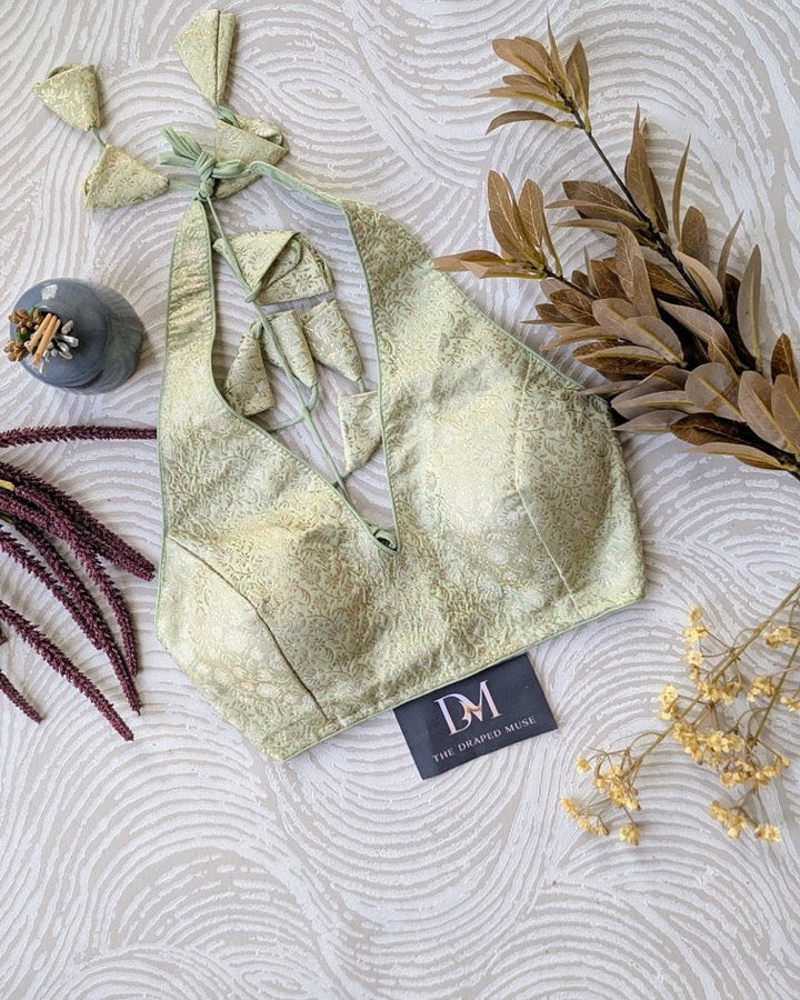 Sage Green Halter Neck Blouse - Readymade Saree Blouse