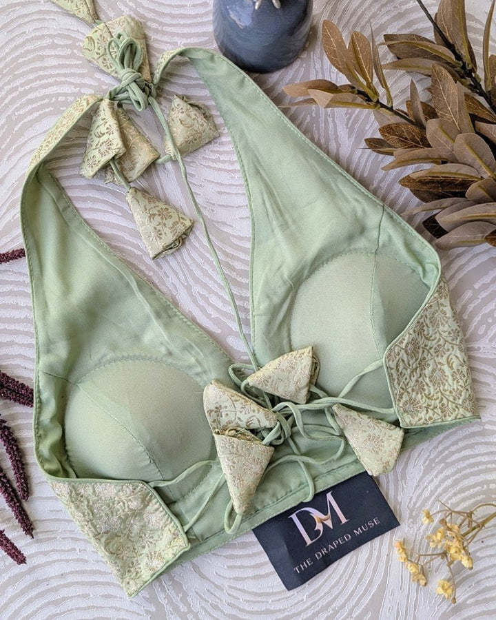 Sage Green Halter Neck Blouse - Readymade Saree Blouse