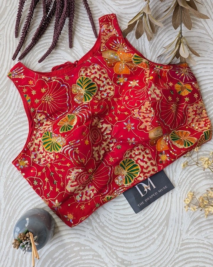 Red Floral Stretchable Blouse - Readymade Saree Blouse