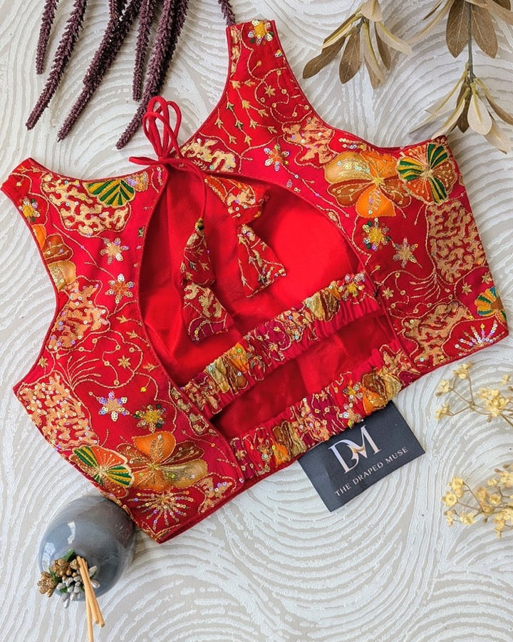 Red Floral Stretchable Blouse - Readymade Saree Blouse
