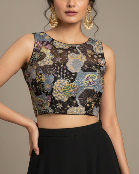 Black Floral Stretchable Blouse - Readymade Saree Blouse