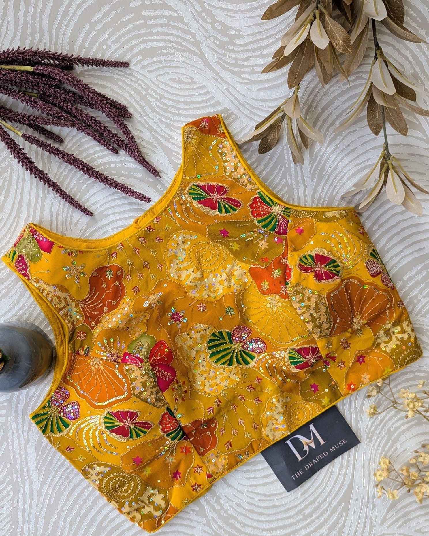 Yellow Floral Stretchable Blouse - Readymade Saree Blouse