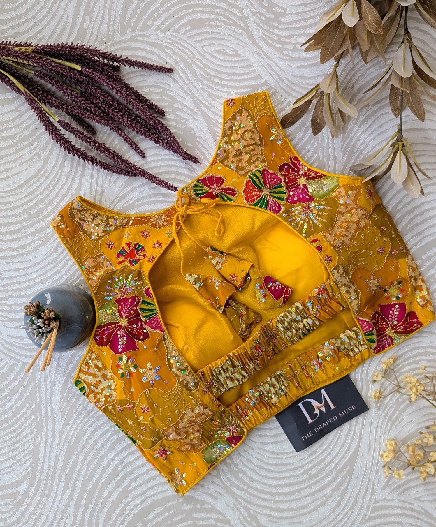 Yellow Floral Stretchable Blouse - Readymade Saree Blouse