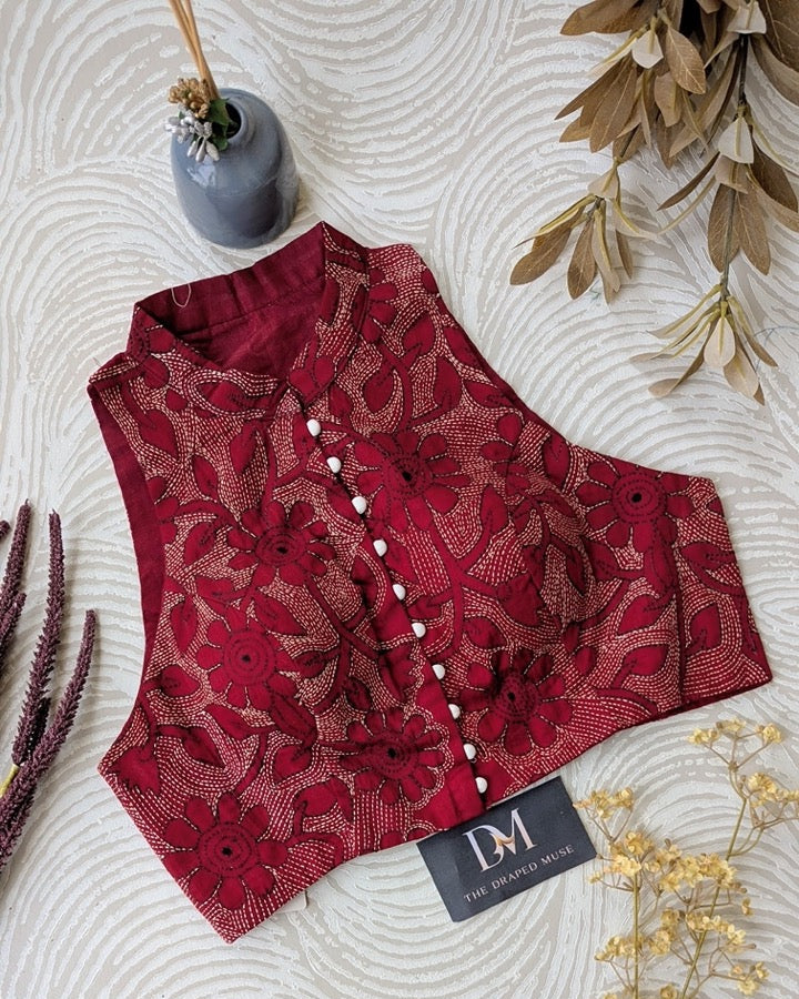 Maroon Kantha Work Embroidered Blouse - Readymade Saree Blouse