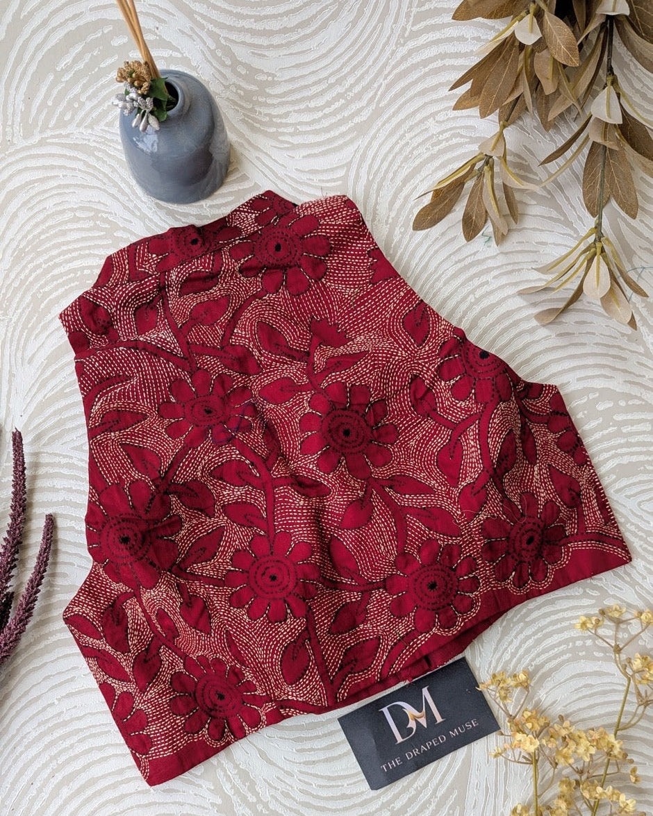 Maroon Kantha Work Embroidered Blouse - Readymade Saree Blouse