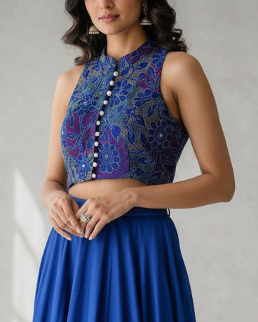 Blue Kantha Work Cotton Blouse - Readymade Saree Blouse