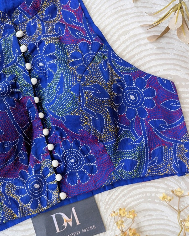 Blue Kantha Work Cotton Blouse - Readymade Saree Blouse