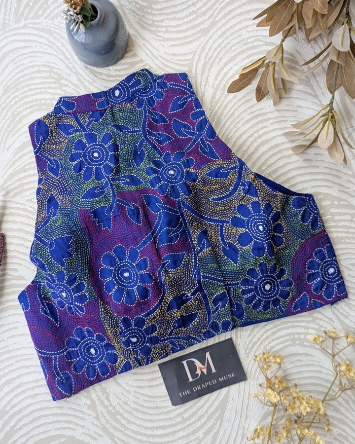 Blue Kantha Work Cotton Blouse - Readymade Saree Blouse