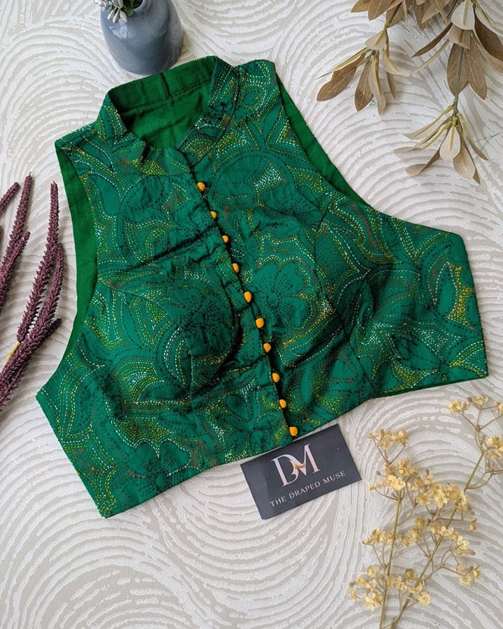 Green Kantha Work Embroidered Cotton Blouse - Readymade Saree Blouse