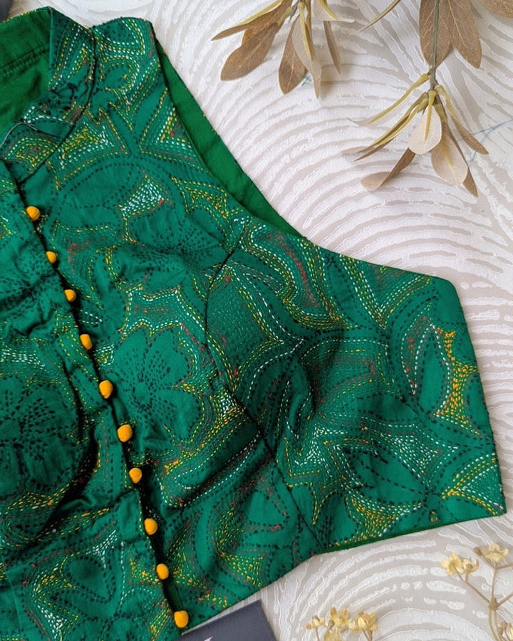 Green Kantha Work Embroidered Cotton Blouse - Readymade Saree Blouse
