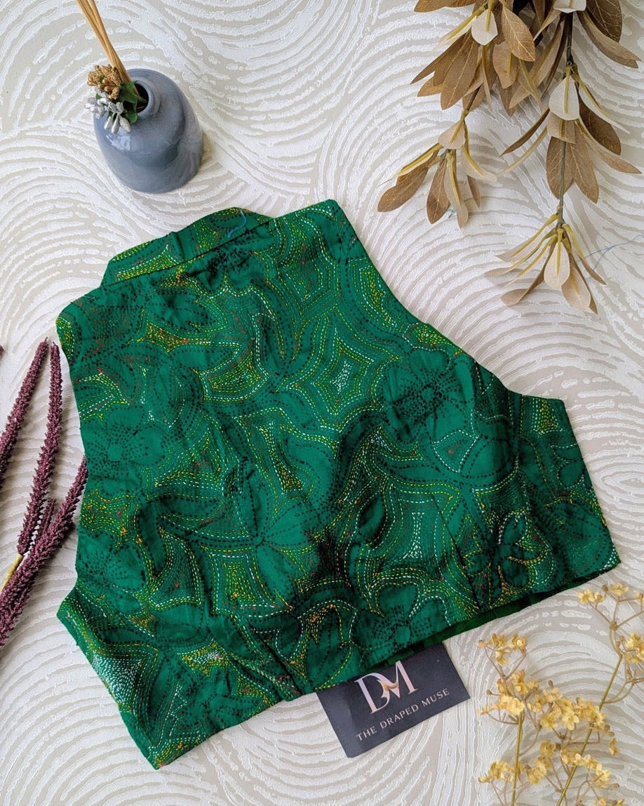 Green Kantha Work Embroidered Cotton Blouse - Readymade Saree Blouse