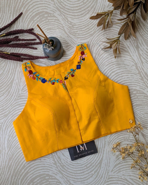 Yellow Embroidered Racer Back Blouse - Readymade Saree Blouse
