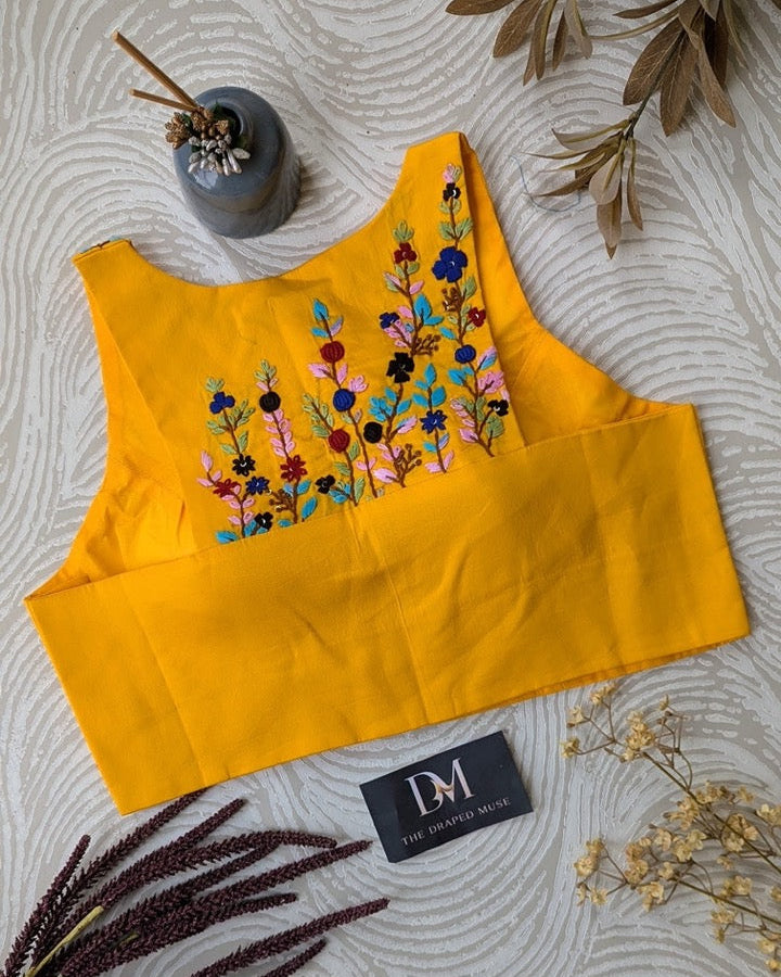 Yellow Embroidered Racer Back Blouse - Readymade Saree Blouse