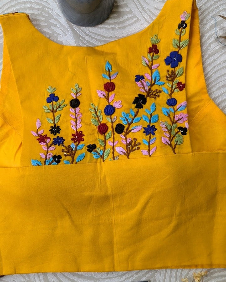 Yellow Embroidered Racer Back Blouse - Readymade Saree Blouse