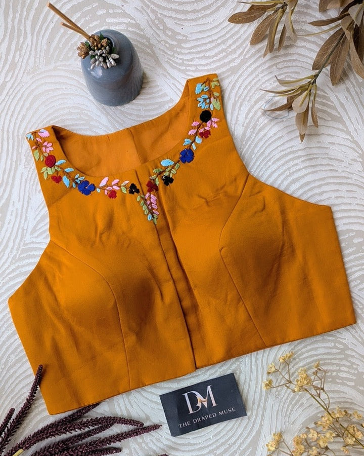 Mustard Yellow Embroidered Racer Back Blouse - Readymade Saree Blouse