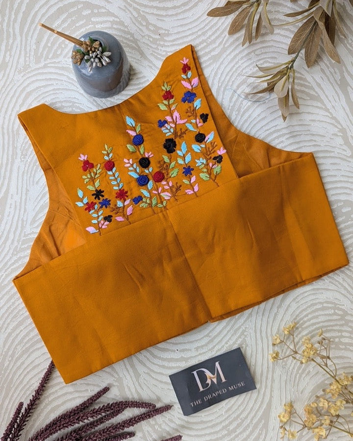 Mustard Yellow Embroidered Racer Back Blouse - Readymade Saree Blouse