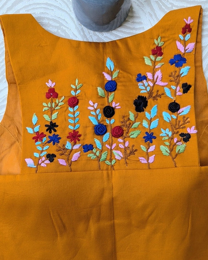 Mustard Yellow Embroidered Racer Back Blouse - Readymade Saree Blouse