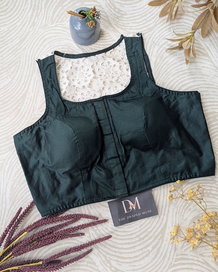 Green Cotton Racer Back Blouse - Readymade Saree Blouse