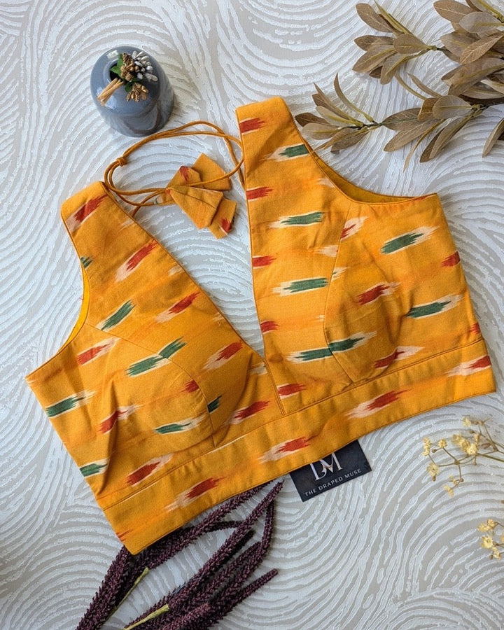 Yellow Ikkat Cotton Blouse - Readymade Saree Blouse
