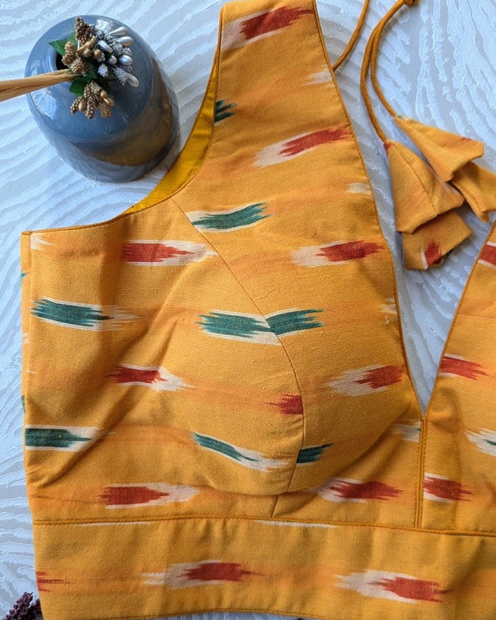 Yellow Ikkat Cotton Blouse - Readymade Saree Blouse