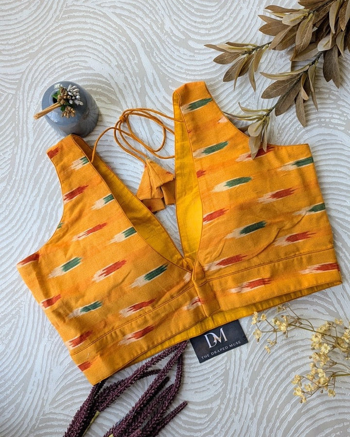 Yellow Ikkat Cotton Blouse - Readymade Saree Blouse