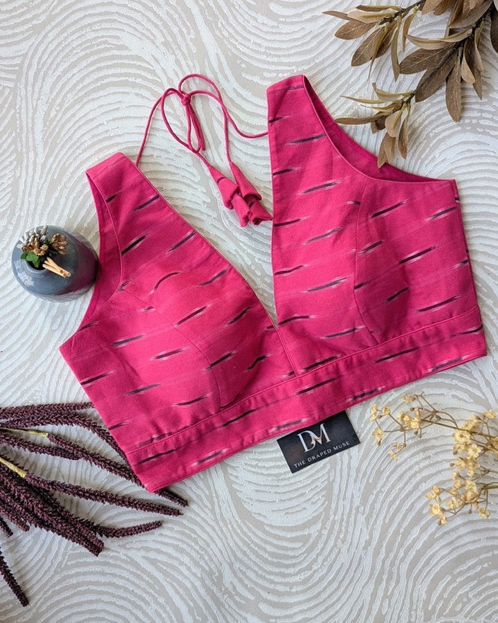 Pink Ikkat Cotton Blouse - Readymade Saree Blouse
