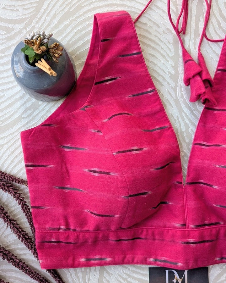 Pink Ikkat Cotton Blouse - Readymade Saree Blouse