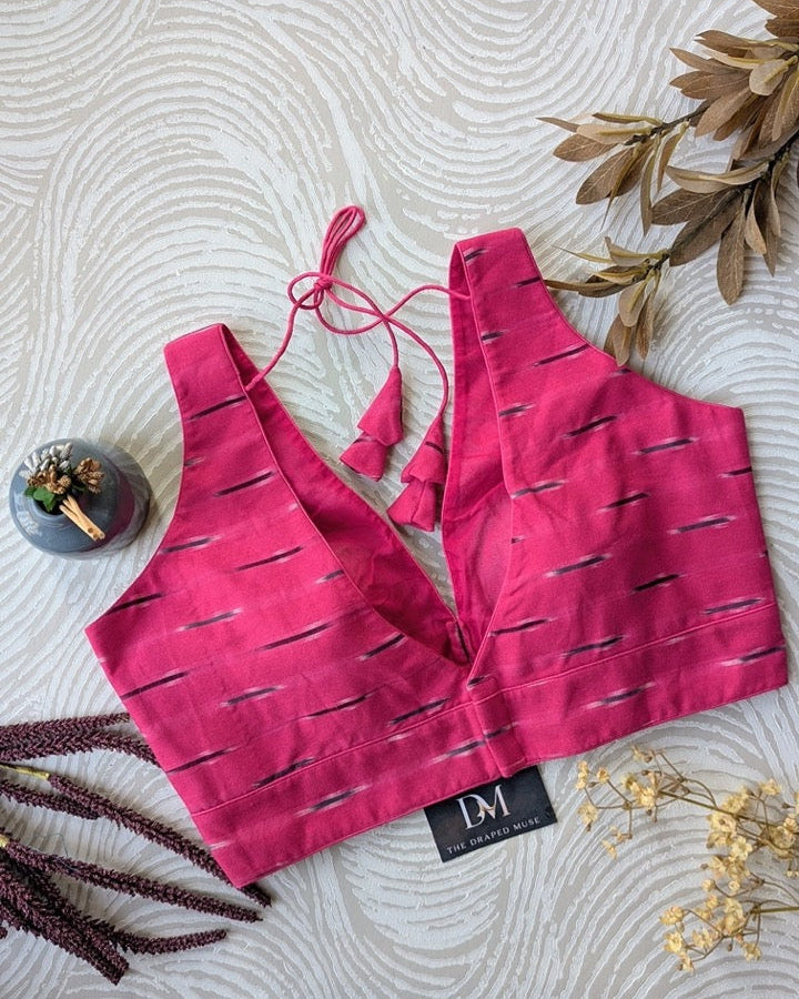 Pink Ikkat Cotton Blouse - Readymade Saree Blouse