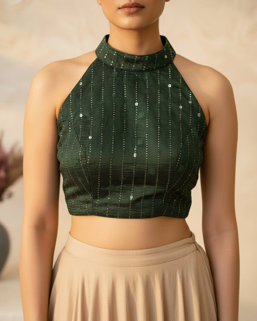 Dark Green Halter Neck Blouse - Readymade Saree Blouse