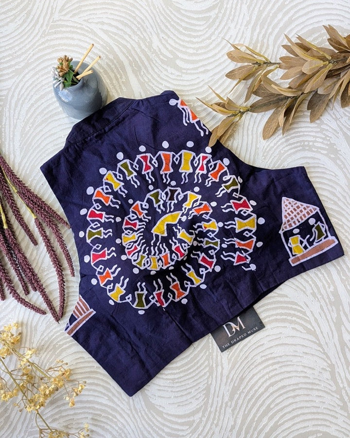 Navy Blue Batik Print Blouse - Readymade Saree Blouse