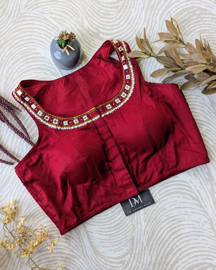 Red Mirror Work Racer Back Blouse - Readymade Saree Blouse
