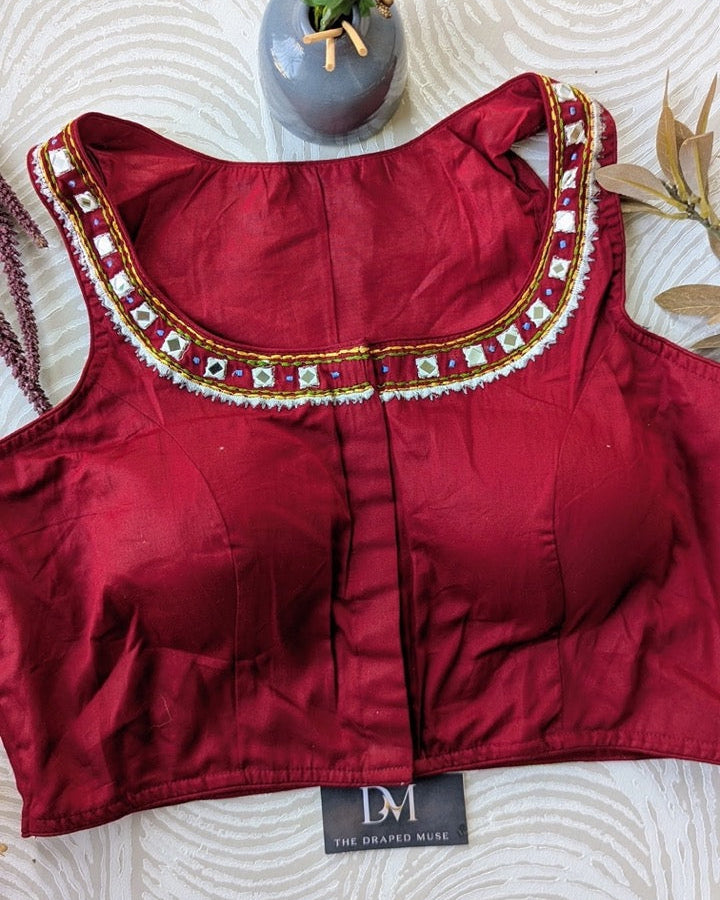 Red Mirror Work Racer Back Blouse - Readymade Saree Blouse
