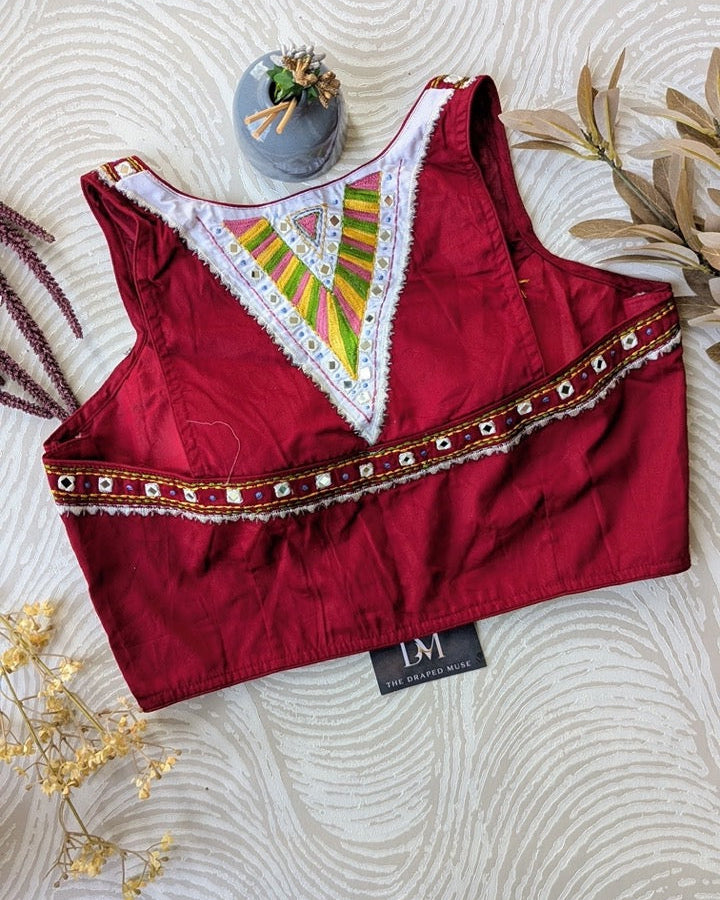 Red Mirror Work Racer Back Blouse - Readymade Saree Blouse
