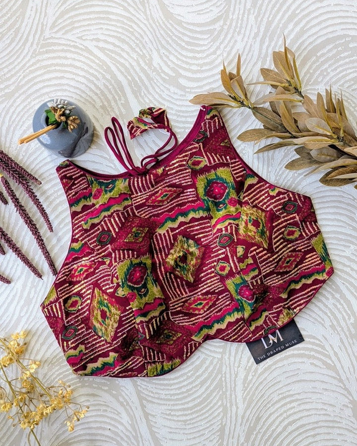 Maroon Printed Blouse - Readymade Saree Blouse