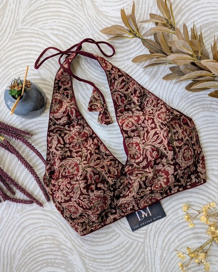 Maroon Kalamkari Halter Neck Blouse - Readymade Saree Blouse