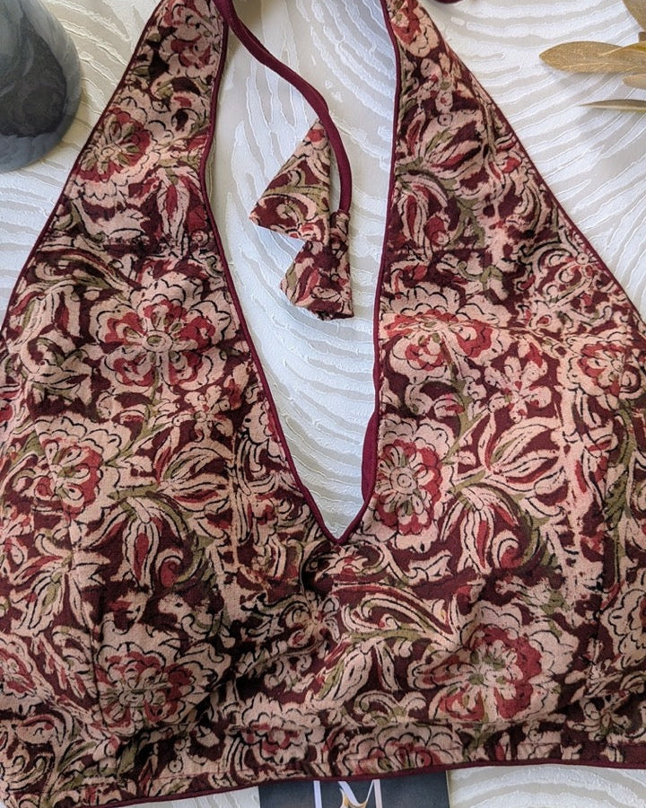 Maroon Kalamkari Halter Neck Blouse - Readymade Saree Blouse
