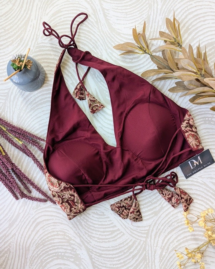 Maroon Kalamkari Halter Neck Blouse - Readymade Saree Blouse