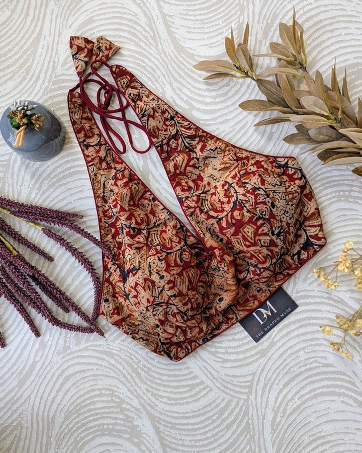 Red Kalamkari Halter Neck Blouse - Readymade Saree Blouse