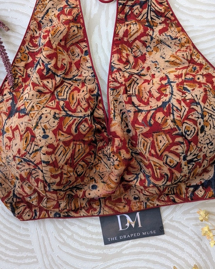 Red Kalamkari Halter Neck Blouse - Readymade Saree Blouse