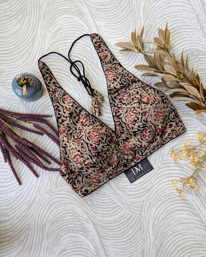 Black Kalamkari Halter Neck Blouse - Readymade Saree Blouse