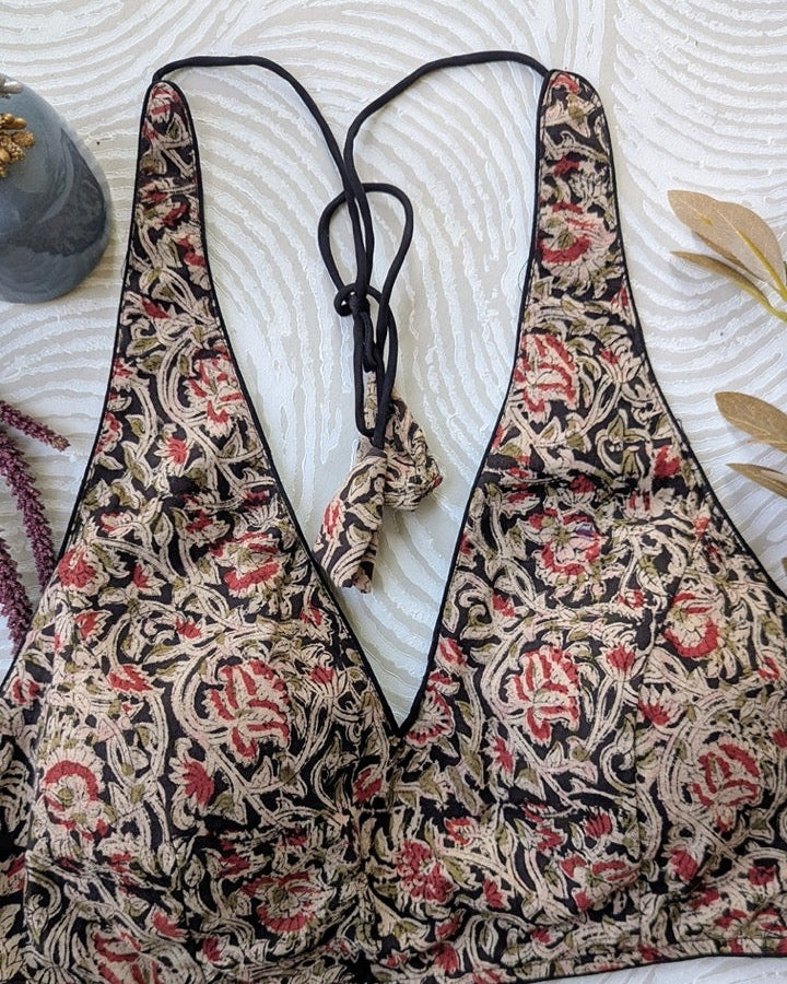 Black Kalamkari Halter Neck Blouse - Readymade Saree Blouse