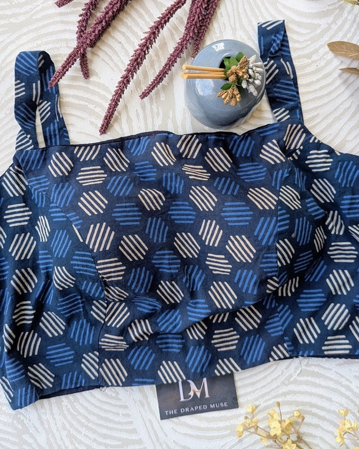 Blue Cotton Printed Blouse - Readymade Saree Blouse
