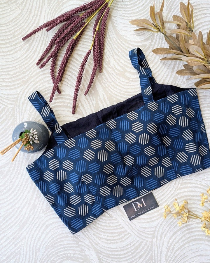 Blue Cotton Printed Blouse - Readymade Saree Blouse