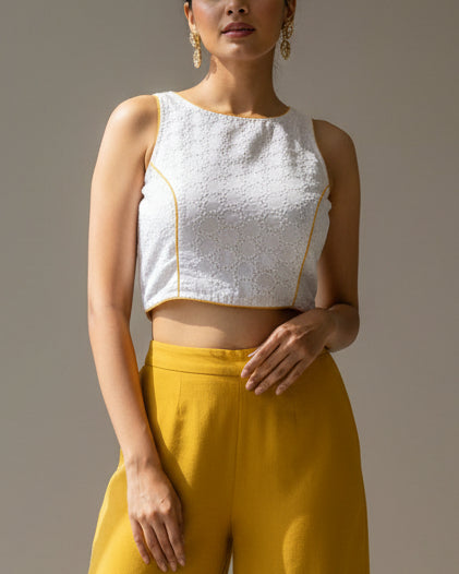 White and Yellow Racer Back Blouse - Readymade Saree Blouse
