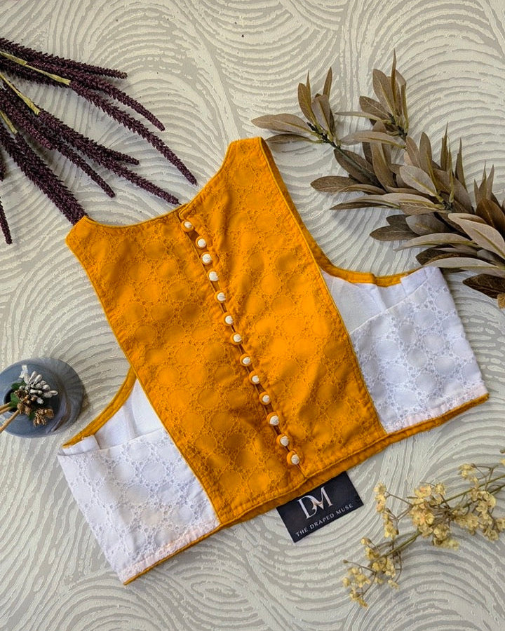 White and Yellow Racer Back Blouse - Readymade Saree Blouse