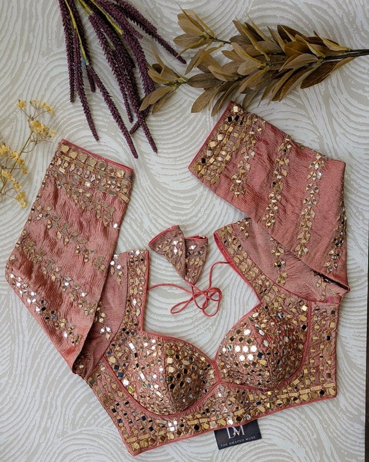 Peach Heavy Mirror Work Blouse - Readymade Saree Blouse