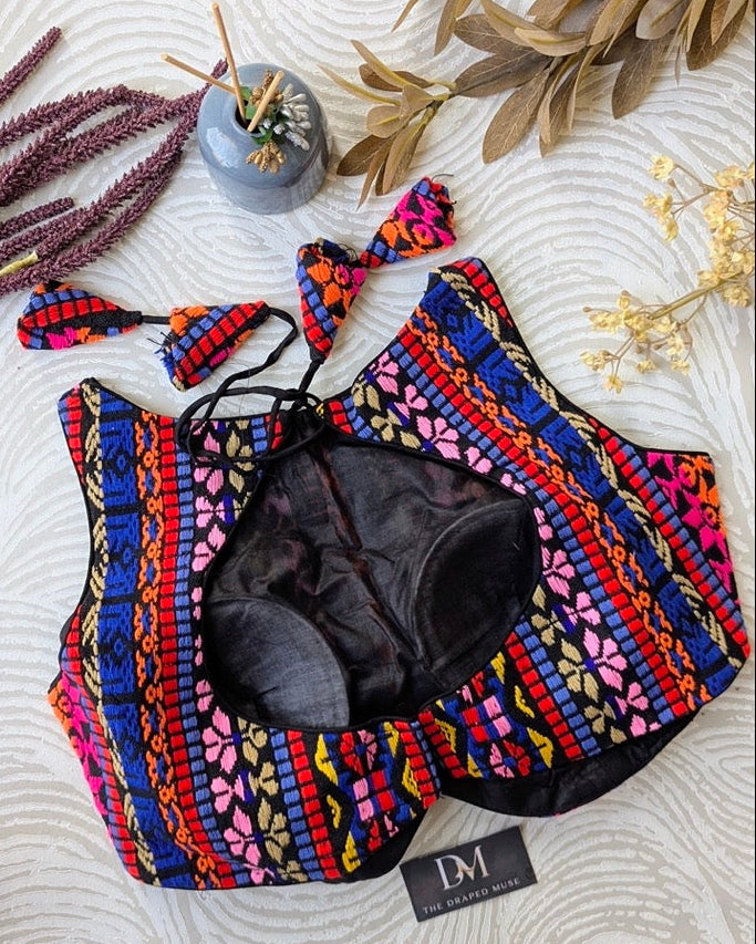 Black Kashmiri Thread Work Khadi Cotton Blouse - Readymade Saree Blouse