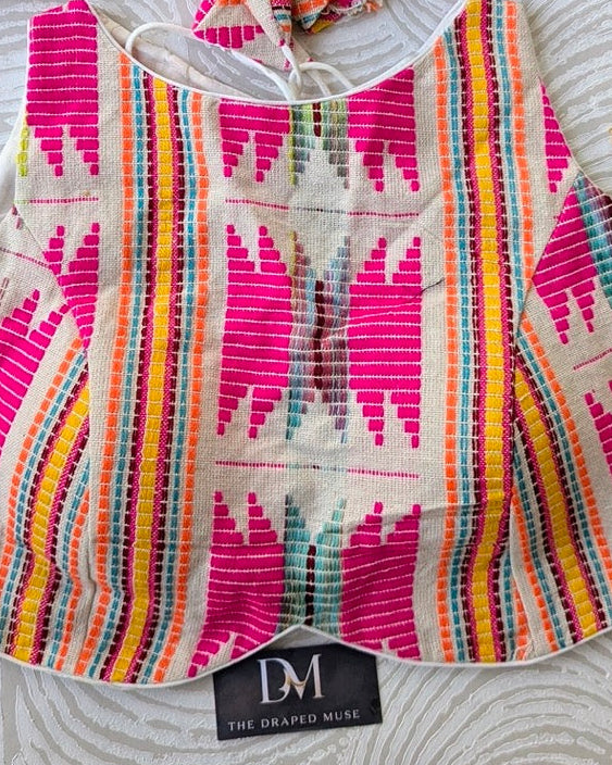 White Kashmiri Thread Work Khadi Cotton Blouse - Readymade Saree Blouse