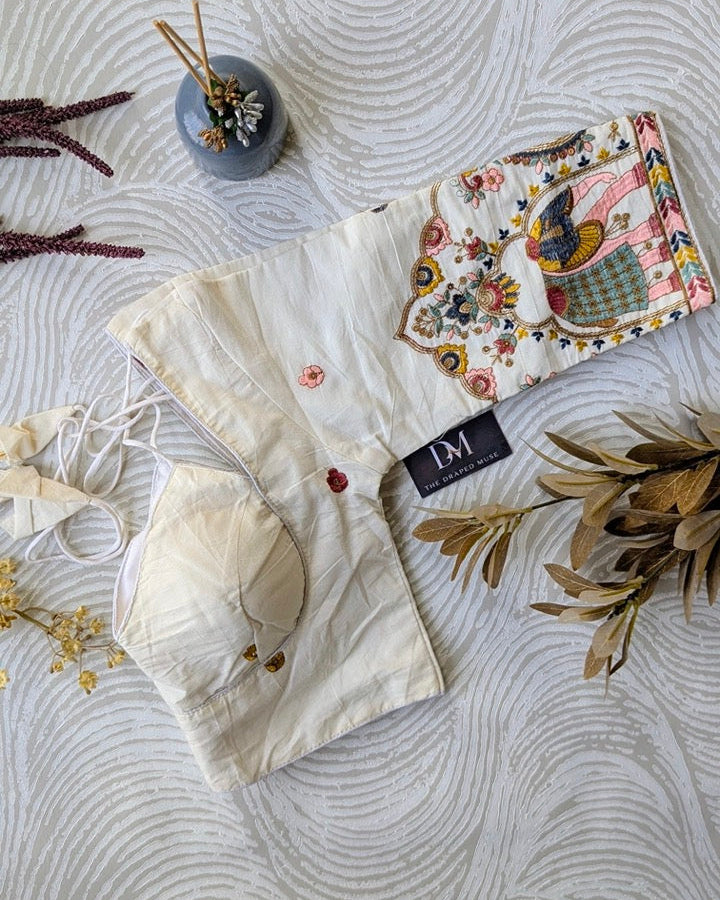 Off White Madhubala Khadi Cotton Blouse - Readymade Saree Blouse