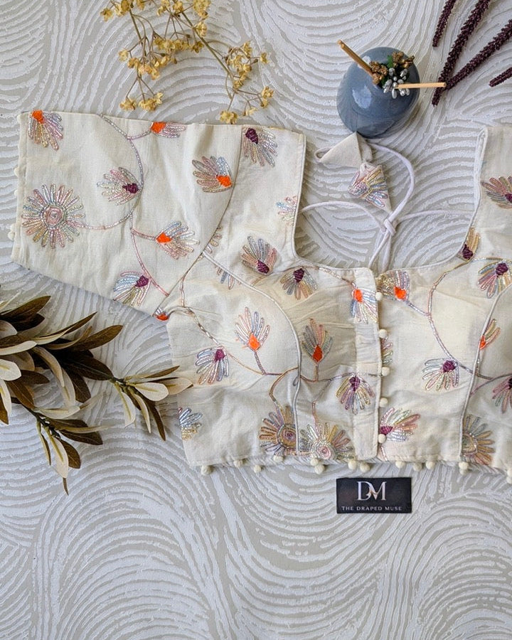 Off White Embroidered Khadi Cotton Blouse - Readymade Saree Blouse